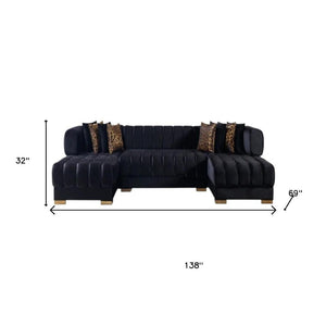 HomeRoots Black Velvet U-Shaped Sectional Sofa with Chaise & 8 Toss Pillows - Modern Glam Comfort & Style 643884