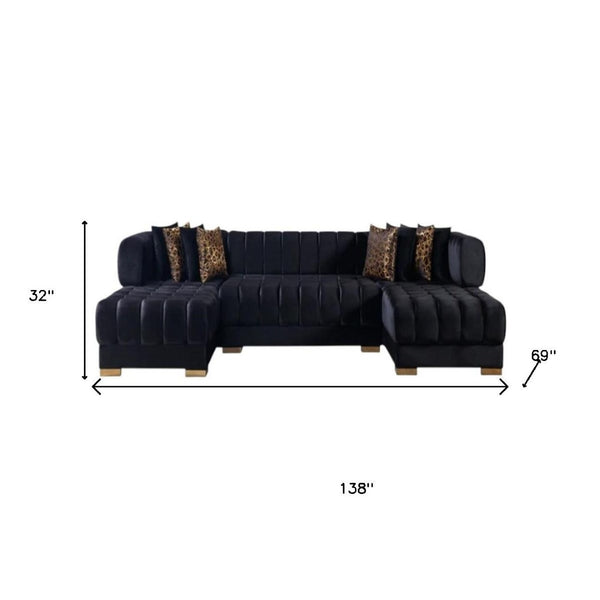 HomeRoots Black Velvet U-Shaped Sectional Sofa with Chaise & 8 Toss Pillows - Modern Glam Comfort & Style 643884