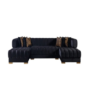 HomeRoots Black Velvet U-Shaped Sectional Sofa with Chaise & 8 Toss Pillows - Modern Glam Comfort & Style 643884