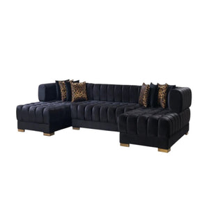 HomeRoots Black Velvet U-Shaped Sectional Sofa with Chaise & 8 Toss Pillows - Modern Glam Comfort & Style 643884