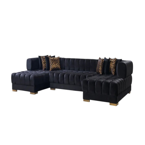 HomeRoots Black Velvet U-Shaped Sectional Sofa with Chaise & 8 Toss Pillows - Modern Glam Comfort & Style 643884