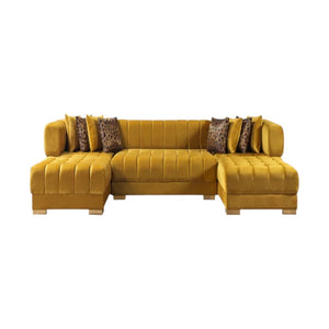 HomeRoots Mustard Velvet U-Shaped Sectional Sofa with Toss Pillows - Luxurious Comfort & Stylish Design! 643885
