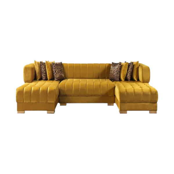 HomeRoots Mustard Velvet U-Shaped Sectional Sofa with Toss Pillows - Luxurious Comfort & Stylish Design! 643885