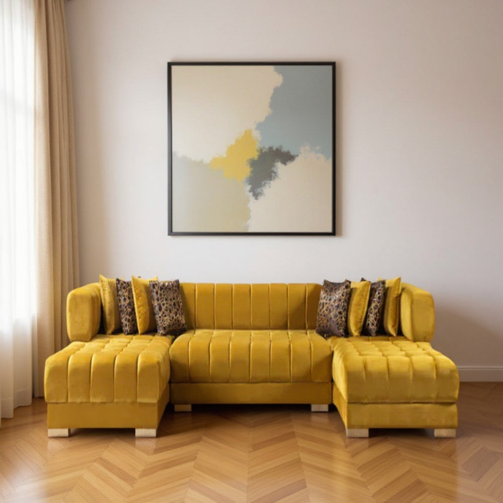 HomeRoots Mustard Velvet U-Shaped Sectional Sofa with Toss Pillows - Luxurious Comfort & Stylish Design! 643885