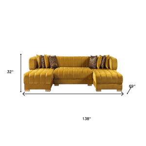 HomeRoots Mustard Velvet U-Shaped Sectional Sofa with Toss Pillows - Luxurious Comfort & Stylish Design! 643885