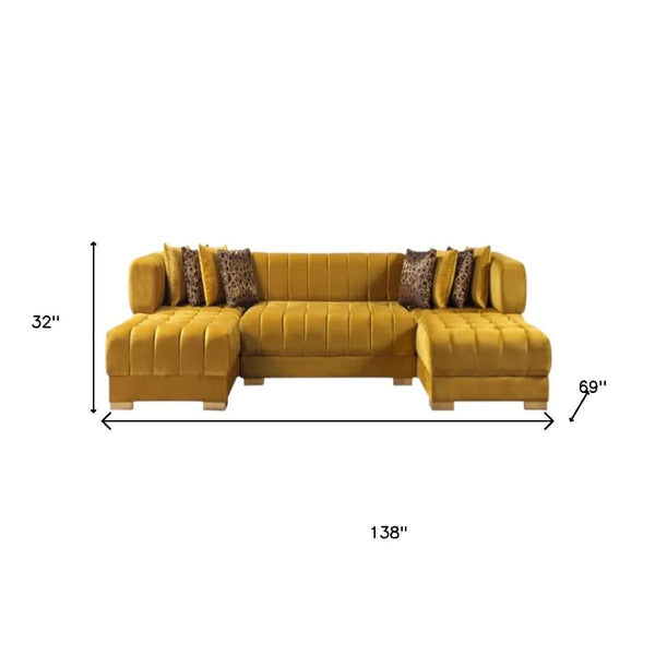 HomeRoots Mustard Velvet U-Shaped Sectional Sofa with Toss Pillows - Luxurious Comfort & Stylish Design! 643885