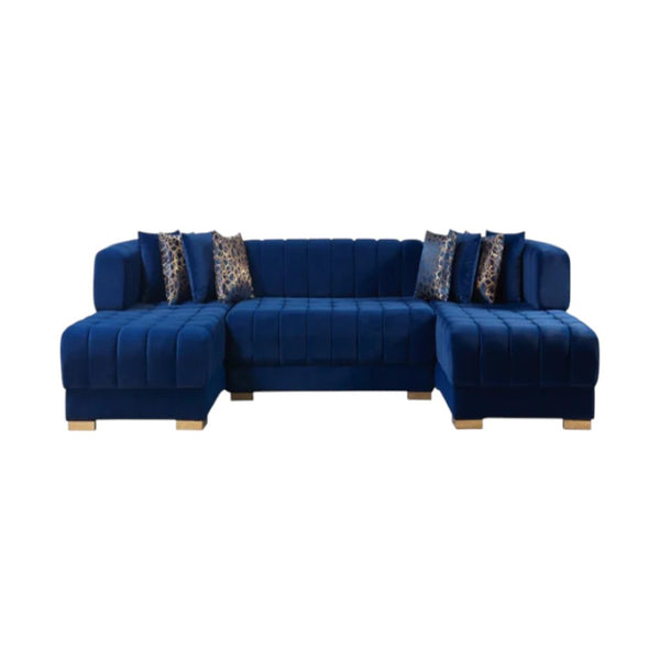 HomeRoots Blue Velvet U-Shaped Sectional Sofa Set with Toss Pillows – Luxurious Comfort & Glamorous Design 643886