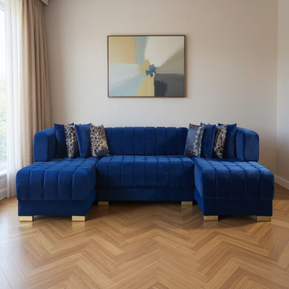 HomeRoots Blue Velvet U-Shaped Sectional Sofa Set with Toss Pillows – Luxurious Comfort & Glamorous Design 643886