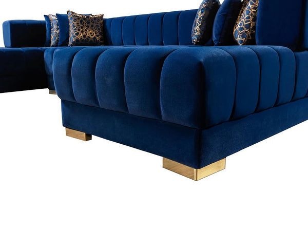 HomeRoots Blue Velvet U-Shaped Sectional Sofa Set with Toss Pillows – Luxurious Comfort & Glamorous Design 643886