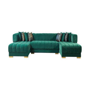 HomeRoots Green Velvet U-Shaped Sectional Sofa with Chaise & Toss Pillows - Luxurious Comfort for Entertaining 643887