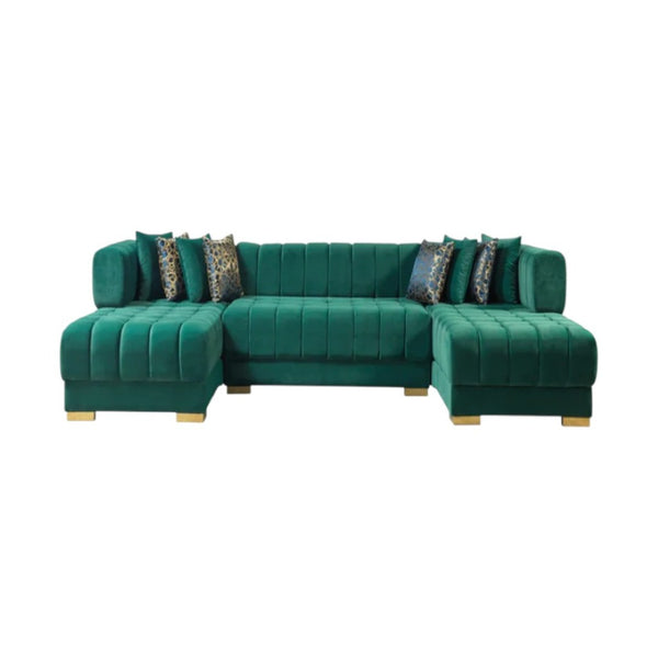 HomeRoots Green Velvet U-Shaped Sectional Sofa with Chaise & Toss Pillows - Luxurious Comfort for Entertaining 643887