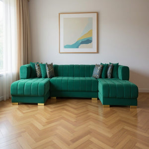 HomeRoots Green Velvet U-Shaped Sectional Sofa with Chaise & Toss Pillows - Luxurious Comfort for Entertaining 643887