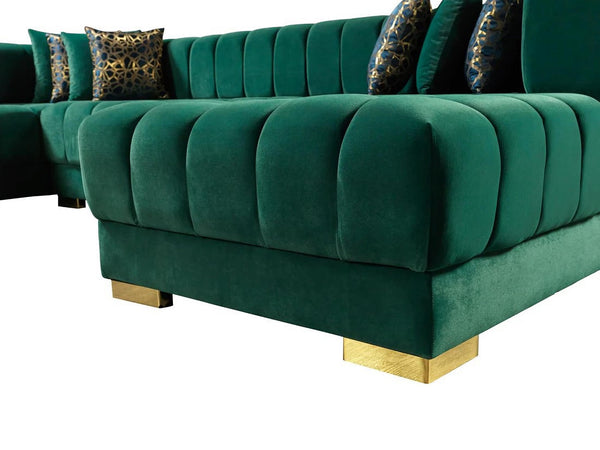 HomeRoots Green Velvet U-Shaped Sectional Sofa with Chaise & Toss Pillows - Luxurious Comfort for Entertaining 643887