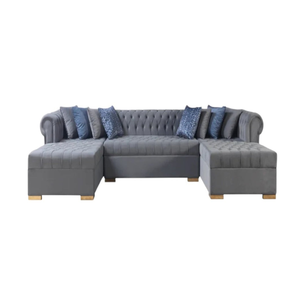 HomeRoots Gray Velvet U-Shaped Three-Piece Sectional Sofa with Toss Pillows for Luxurious Living Spaces 643888