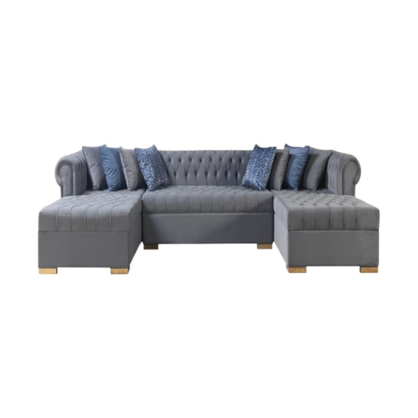 HomeRoots Gray Velvet U-Shaped Three-Piece Sectional Sofa with Toss Pillows for Luxurious Living Spaces 643888