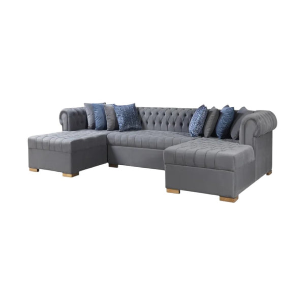 HomeRoots Gray Velvet U-Shaped Three-Piece Sectional Sofa with Toss Pillows for Luxurious Living Spaces 643888