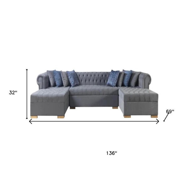 HomeRoots Gray Velvet U-Shaped Three-Piece Sectional Sofa with Toss Pillows for Luxurious Living Spaces 643888