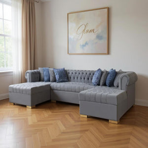 HomeRoots Gray Velvet U-Shaped Three-Piece Sectional Sofa with Toss Pillows for Luxurious Living Spaces 643888