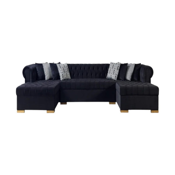 HomeRoots Black Velvet U-Shaped Sectional Sofa with Chaise & Toss Pillows - Luxurious Comfort for Your Home 643889