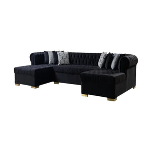 HomeRoots Black Velvet U-Shaped Sectional Sofa with Chaise & Toss Pillows - Luxurious Comfort for Your Home 643889