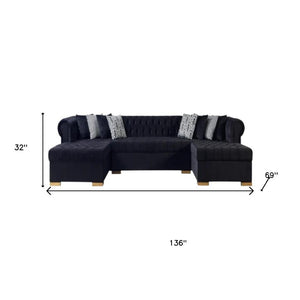 HomeRoots Black Velvet U-Shaped Sectional Sofa with Chaise & Toss Pillows - Luxurious Comfort for Your Home 643889