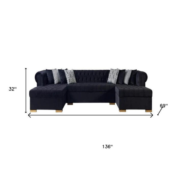 HomeRoots Black Velvet U-Shaped Sectional Sofa with Chaise & Toss Pillows - Luxurious Comfort for Your Home 643889