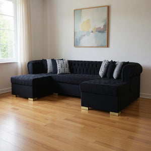 HomeRoots Black Velvet U-Shaped Sectional Sofa with Chaise & Toss Pillows - Luxurious Comfort for Your Home 643889