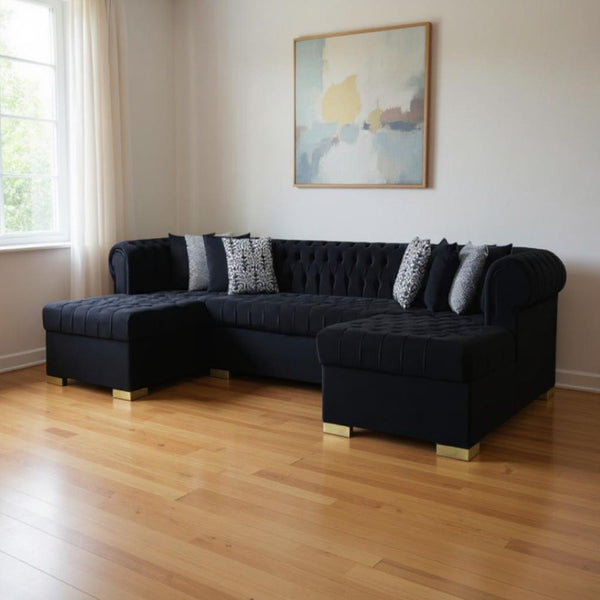 HomeRoots Black Velvet U-Shaped Sectional Sofa with Chaise & Toss Pillows - Luxurious Comfort for Your Home 643889