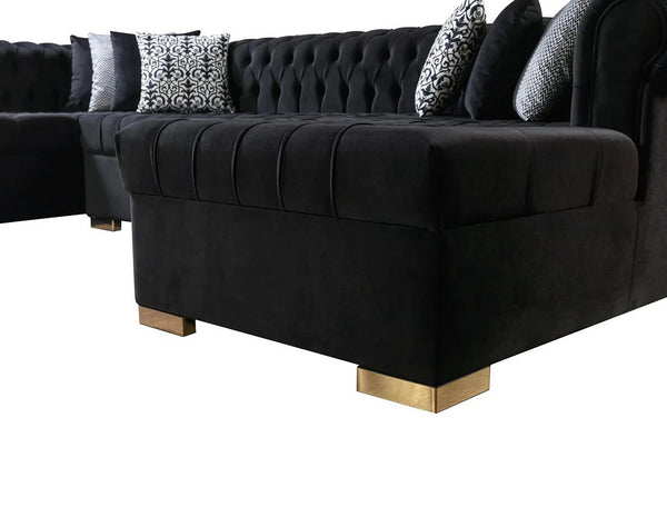 HomeRoots Black Velvet U-Shaped Sectional Sofa with Chaise & Toss Pillows - Luxurious Comfort for Your Home 643889