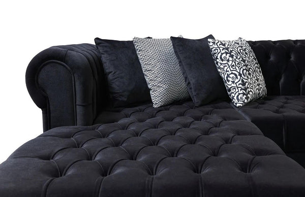 HomeRoots Black Velvet U-Shaped Sectional Sofa with Chaise & Toss Pillows - Luxurious Comfort for Your Home 643889