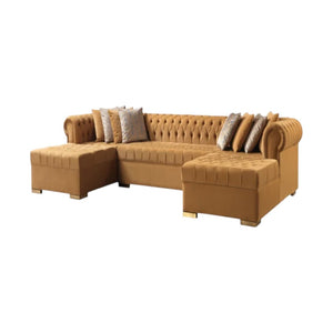 HomeRoots Mustard Velvet U-Shaped Sectional Sofa with 8 Toss Pillows - Luxurious Comfort for Stylish Living Spaces 643890