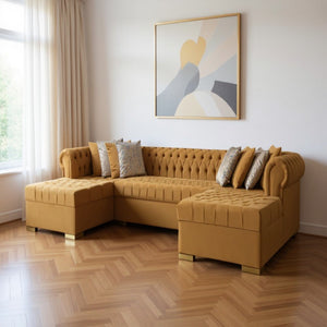 HomeRoots Mustard Velvet U-Shaped Sectional Sofa with 8 Toss Pillows - Luxurious Comfort for Stylish Living Spaces 643890