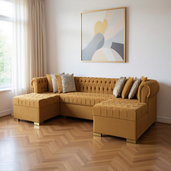 HomeRoots Mustard Velvet U-Shaped Sectional Sofa with 8 Toss Pillows - Luxurious Comfort for Stylish Living Spaces 643890