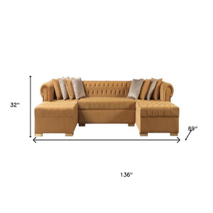 HomeRoots Mustard Velvet U-Shaped Sectional Sofa with 8 Toss Pillows - Luxurious Comfort for Stylish Living Spaces 643890