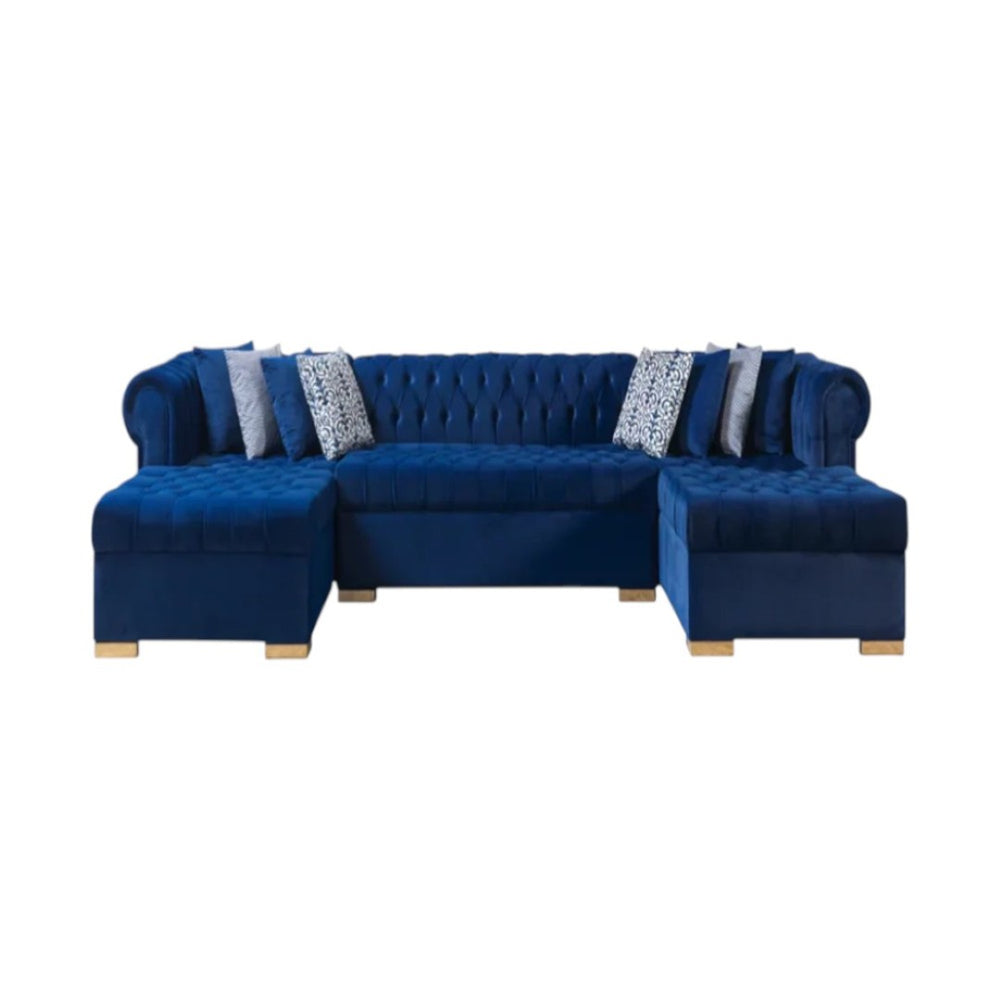 HomeRoots Blue Velvet U-Shaped Sectional Sofa with Chaise & Toss Pillows - Stylish Comfort for Any Living Space 643891