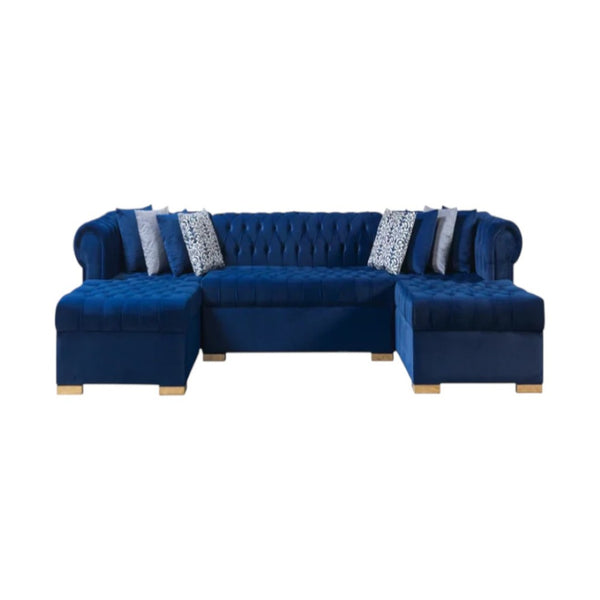 HomeRoots Blue Velvet U-Shaped Sectional Sofa with Chaise & Toss Pillows - Stylish Comfort for Any Living Space 643891