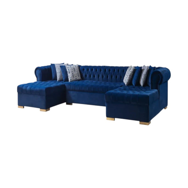 HomeRoots Blue Velvet U-Shaped Sectional Sofa with Chaise & Toss Pillows - Stylish Comfort for Any Living Space 643891