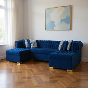 HomeRoots Blue Velvet U-Shaped Sectional Sofa with Chaise & Toss Pillows - Stylish Comfort for Any Living Space 643891