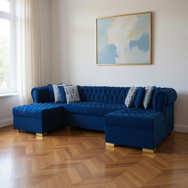 HomeRoots Blue Velvet U-Shaped Sectional Sofa with Chaise & Toss Pillows - Stylish Comfort for Any Living Space 643891