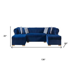 HomeRoots Blue Velvet U-Shaped Sectional Sofa with Chaise & Toss Pillows - Stylish Comfort for Any Living Space 643891