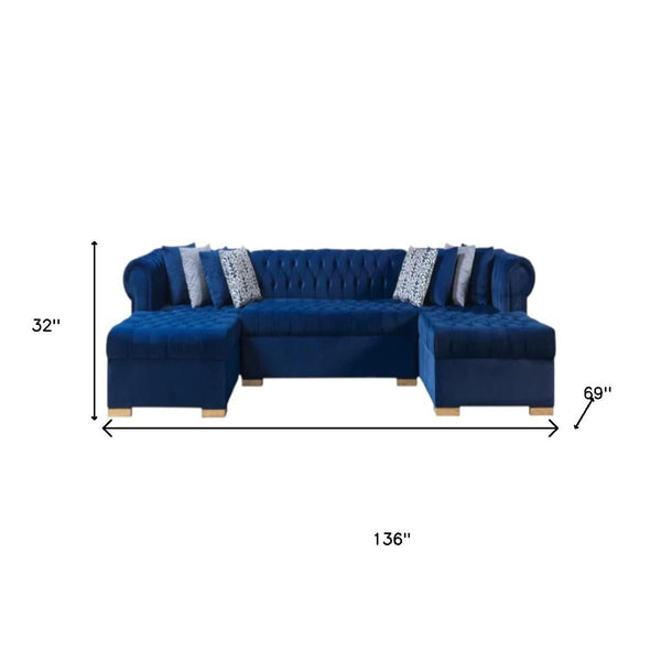 HomeRoots Blue Velvet U-Shaped Sectional Sofa with Chaise & Toss Pillows - Stylish Comfort for Any Living Space 643891