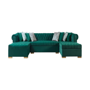 HomeRoots Green Velvet U-Shaped Sectional Sofa with Chaise and 8 Decorative Toss Pillows for Stylish Comfort 643892