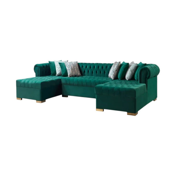 HomeRoots Green Velvet U-Shaped Sectional Sofa with Chaise and 8 Decorative Toss Pillows for Stylish Comfort 643892