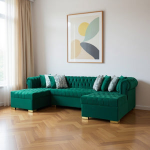 HomeRoots Green Velvet U-Shaped Sectional Sofa with Chaise and 8 Decorative Toss Pillows for Stylish Comfort 643892