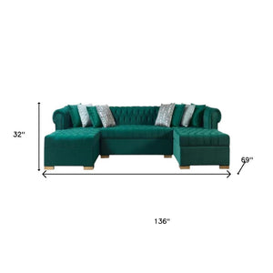 HomeRoots Green Velvet U-Shaped Sectional Sofa with Chaise and 8 Decorative Toss Pillows for Stylish Comfort 643892