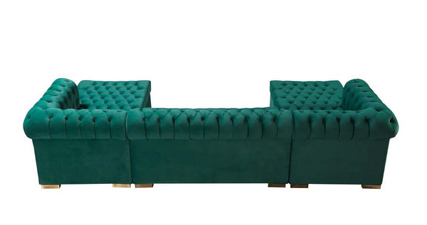 HomeRoots Green Velvet U-Shaped Sectional Sofa with Chaise and 8 Decorative Toss Pillows for Stylish Comfort 643892