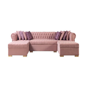 HomeRoots Pink Velvet U-Shaped Sectional Sofa with Chaise and Toss Pillows – Glamorous Comfort for Any Space 643893