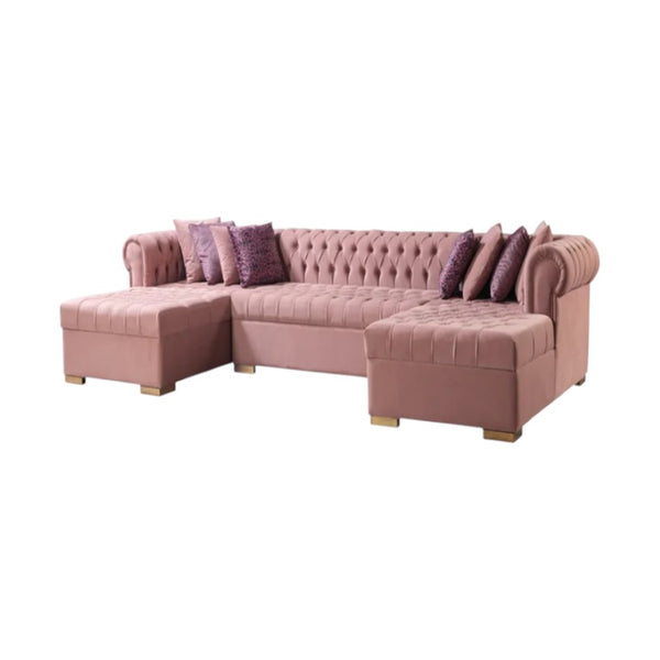 HomeRoots Pink Velvet U-Shaped Sectional Sofa with Chaise and Toss Pillows – Glamorous Comfort for Any Space 643893