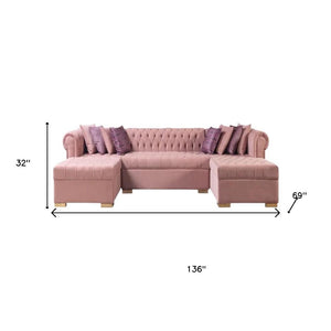 HomeRoots Pink Velvet U-Shaped Sectional Sofa with Chaise and Toss Pillows – Glamorous Comfort for Any Space 643893