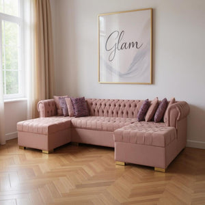 HomeRoots Pink Velvet U-Shaped Sectional Sofa with Chaise and Toss Pillows – Glamorous Comfort for Any Space 643893